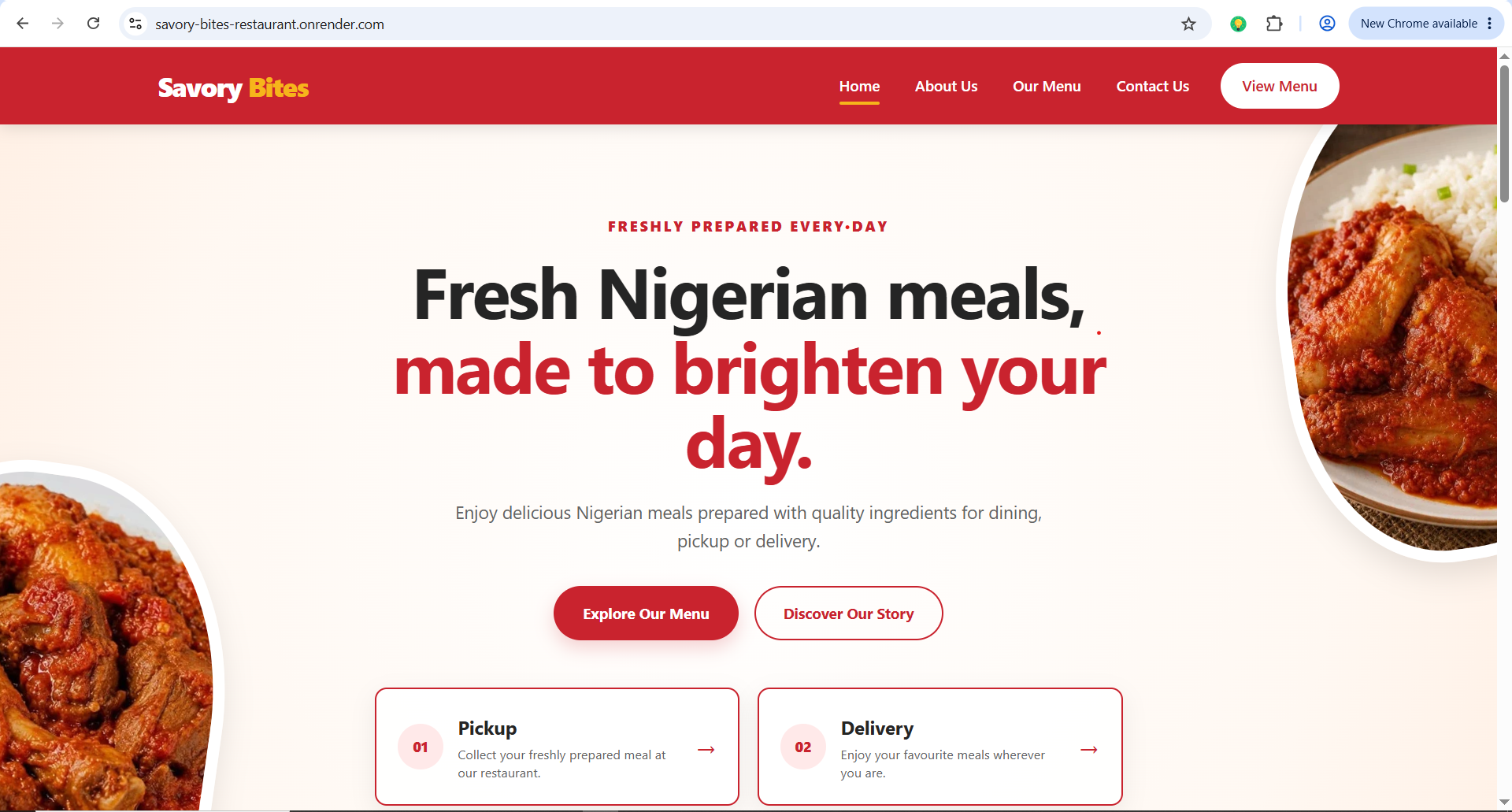 Homepage of the Savory Bites Nigerian restaurant website